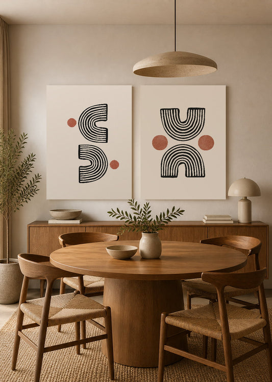 Set x2 Cuadros Decorativos Mural Sin Marco 5mm - abstractos, líneas, blanco y negro, boho