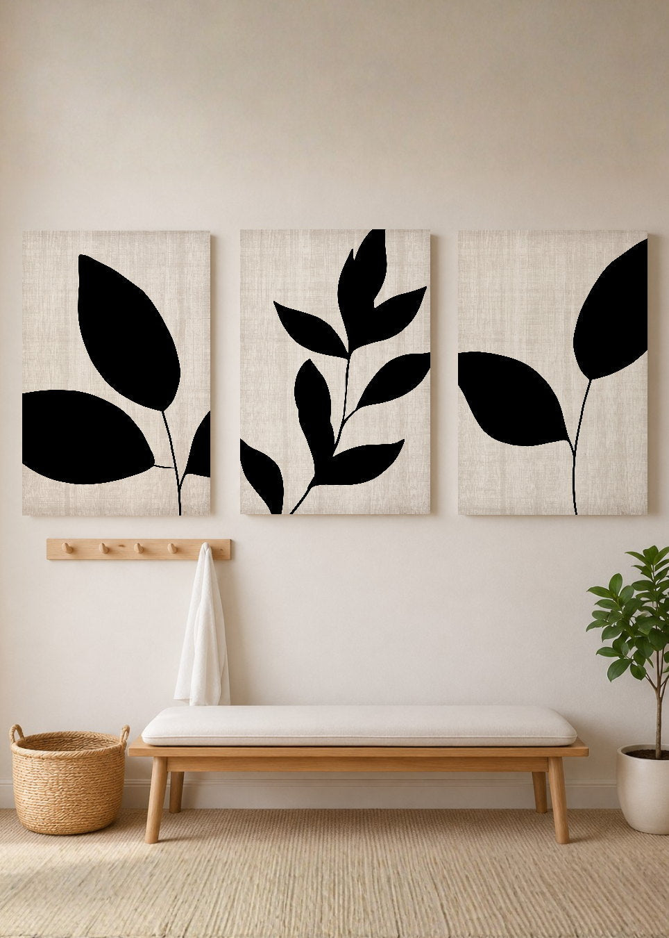 Set x3 Cuadros Decorativos Mural Sin Marco 5mm - Abstractos, blanco y negro, flores