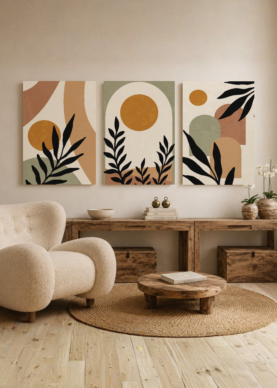 Set x3 Cuadros Decorativos Mural Sin Marco 5mm - Abstractos Boho Plantas 40x60 Nat Vcs3 Abstractos Boho Plantas