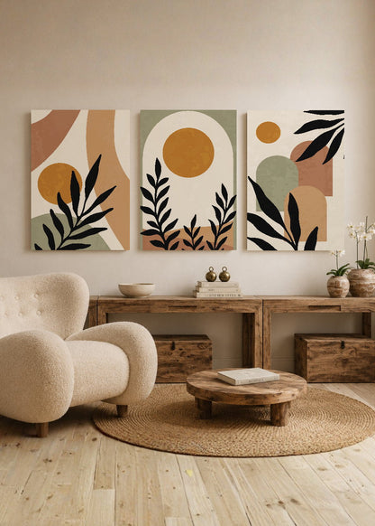Set x3 Cuadros Decorativos Mural Sin Marco 5mm - Abstractos Boho Plantas 40x60 Nat Vcs3 Abstractos Boho Plantas
