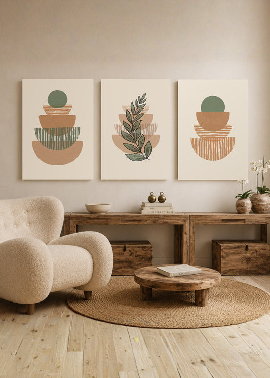 Set x3 Cuadros Decorativos Mural Sin Marco 5mm - Abstractos, Boho, Verde II