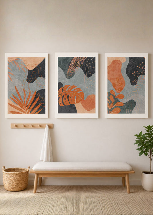 Set x3 Cuadros Decorativos Mural Sin Marco 5mm - Abstractos, Colores, Azul Naranja