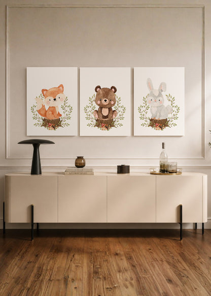 Set x3 Cuadros Decorativos Mural Sin Marco 5mm - Abstractos, kids, infantil, osito, conejo y zorrito