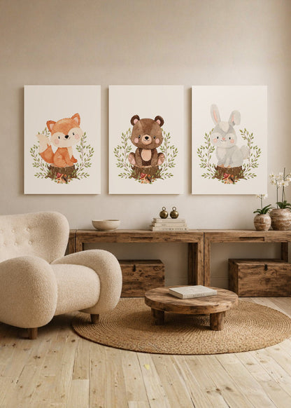 Set x3 Cuadros Decorativos Mural Sin Marco 5mm - Abstractos, kids, infantil, osito, conejo y zorrito