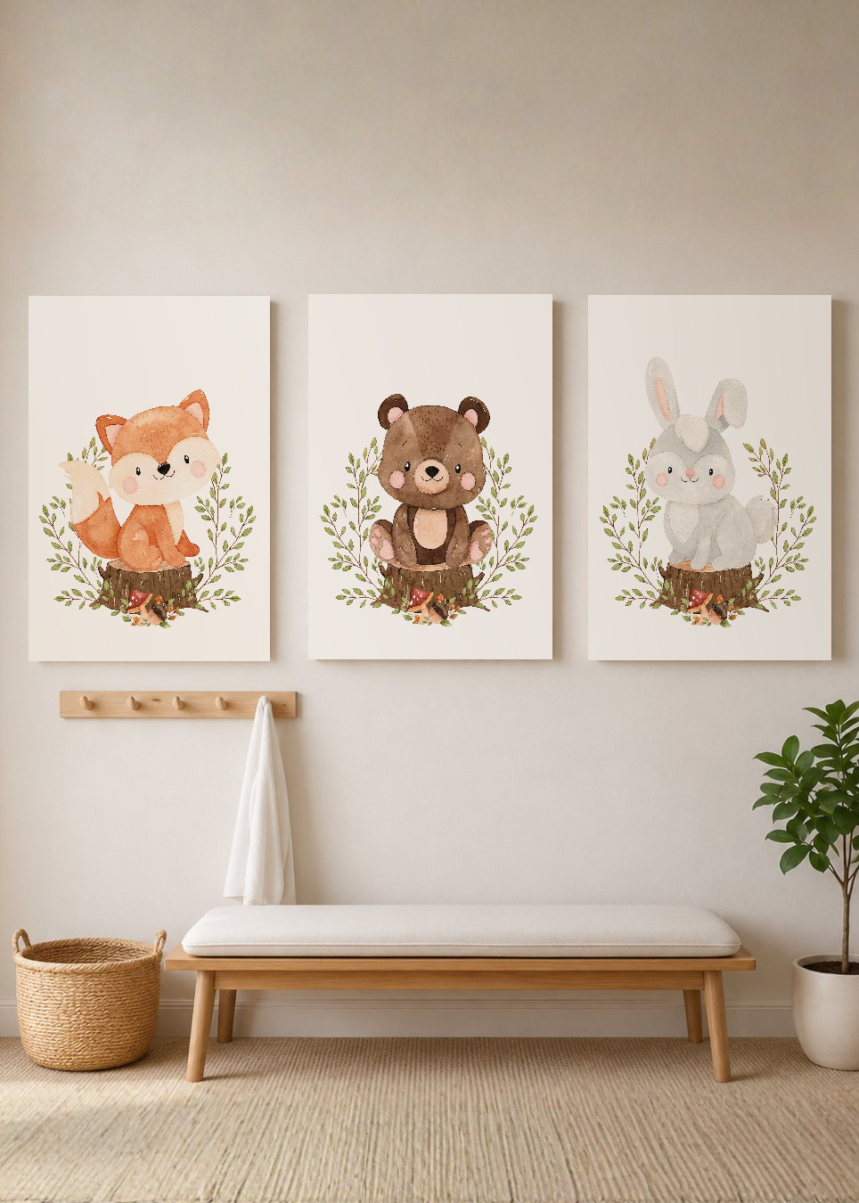 Set x3 Cuadros Decorativos Mural Sin Marco 5mm - Abstractos, kids, infantil, osito, conejo y zorrito