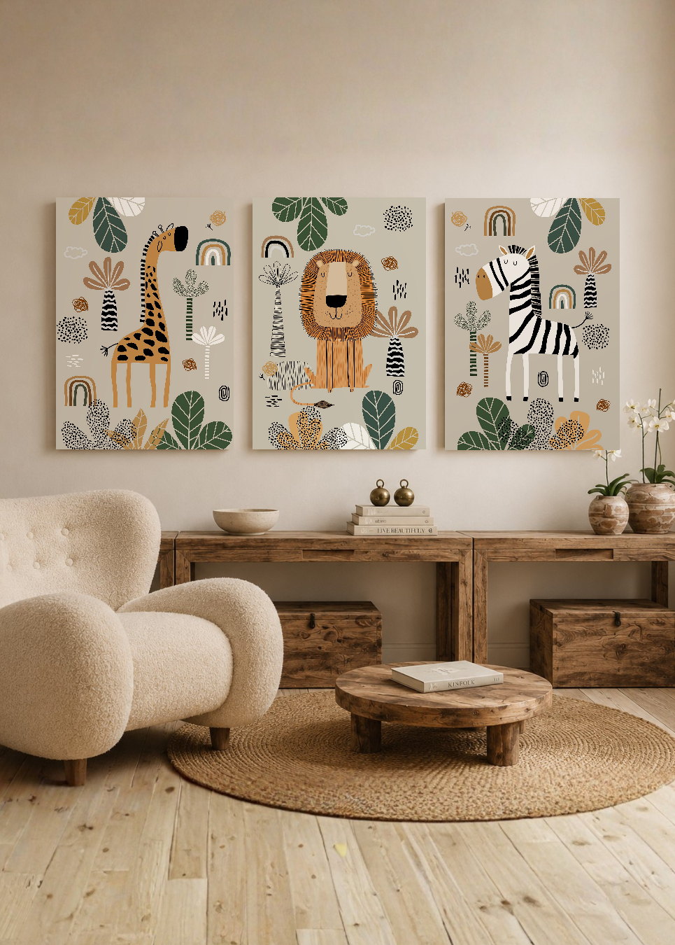 Set x3 Cuadros Decorativos Mural Sin Marco 5mm - Abstractos, kids, infantil, selva, león, jirafa, cebra