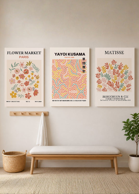 Set x3 Cuadros Decorativos Mural Sin Marco 5mm - Abstractos, Matisse, Yayoi Kusama, Flower Market, Colores