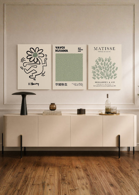 Set x3 Cuadros Decorativos Mural Sin Marco 5mm - Abstractos, Matisse, Yayoi Kusama, Verde