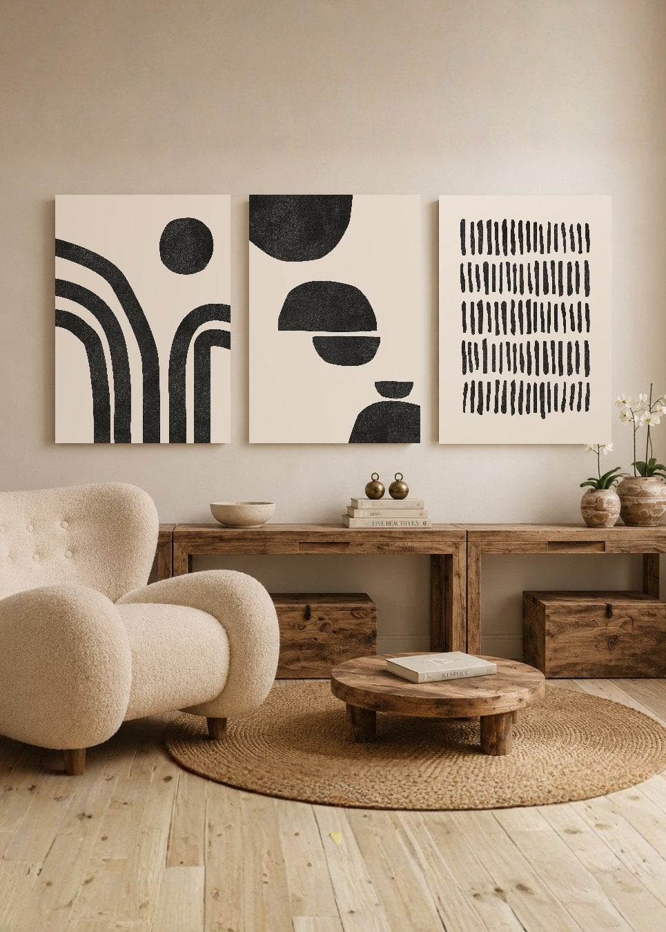 Set x3 Cuadros Decorativos Mural Sin Marco 5mm - Abstractos, Paisaje, Blanco y negro