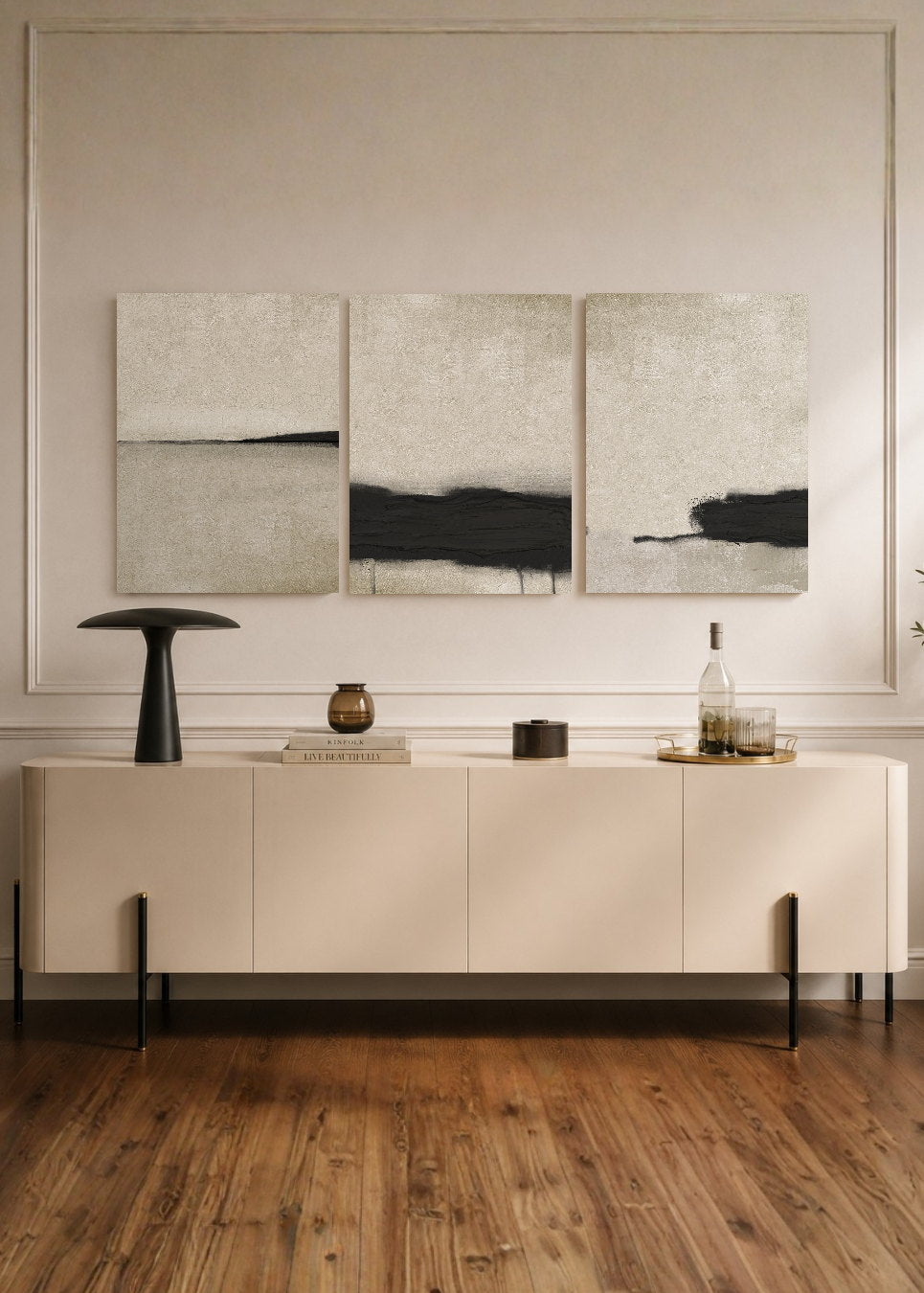 Set x3 Cuadros Decorativos Mural Sin Marco 5mm - Abstractos, pintura, negro, beige