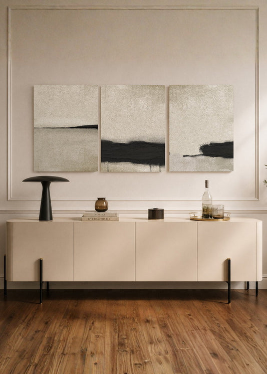 Set x3 Cuadros Decorativos Mural Sin Marco 5mm - Abstractos, pintura, negro, beige