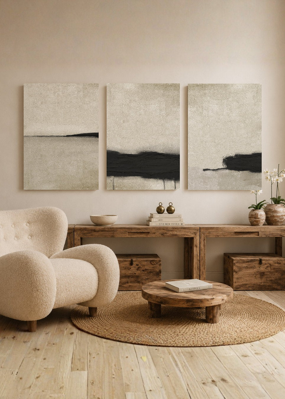 Set x3 Cuadros Decorativos Mural Sin Marco 5mm - Abstractos, pintura, negro, beige