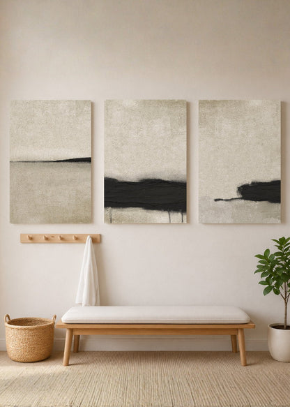 Set x3 Cuadros Decorativos Mural Sin Marco 5mm - Abstractos, pintura, negro, beige