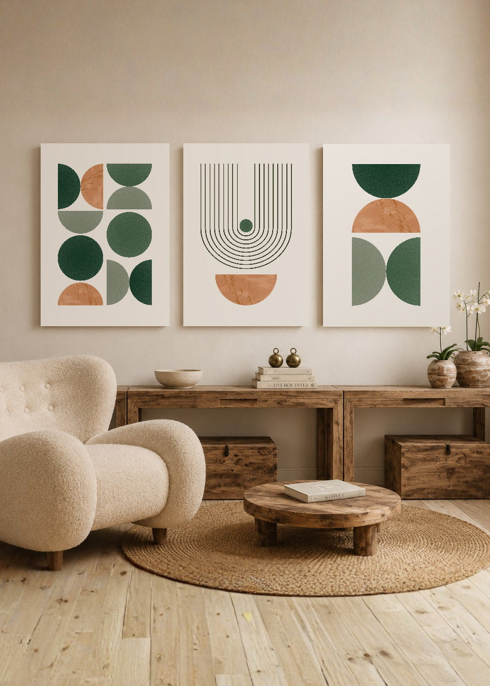 Set x3 Cuadros Decorativos Mural Sin Marco 5mm - Abstractos, pintura, verde, boho II
