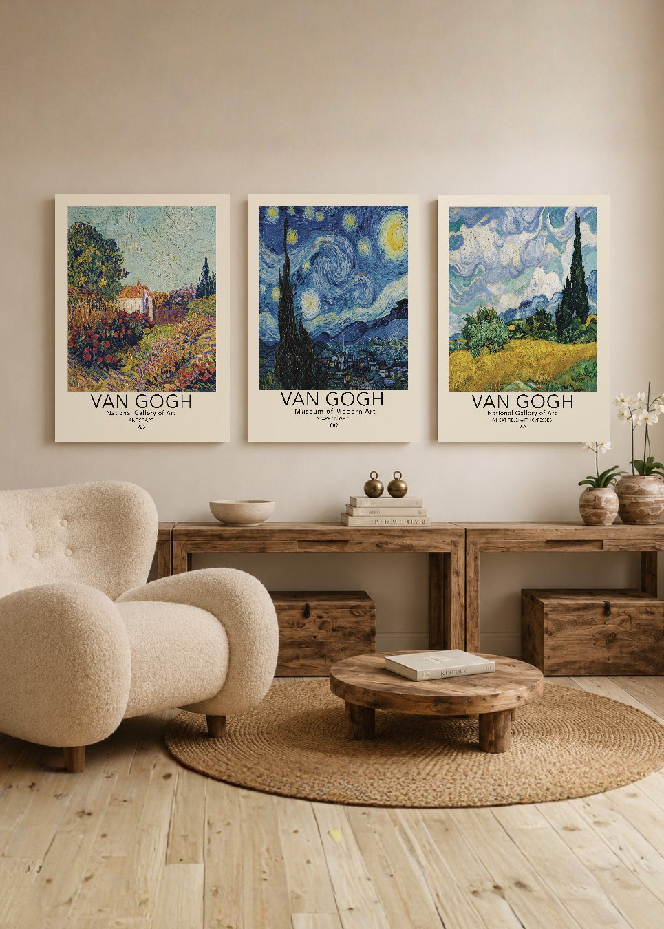 Set x3 Cuadros Decorativos Mural Sin Marco 5mm - Abstractos, Van Gogh