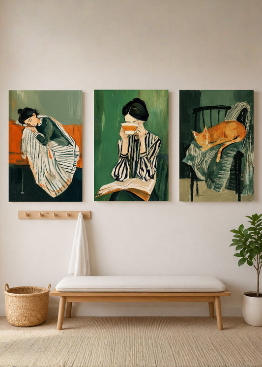 Set x3 Cuadros Decorativos Mural Sin Marco 5mm - Abstractos Verde esmeralda Ilustración