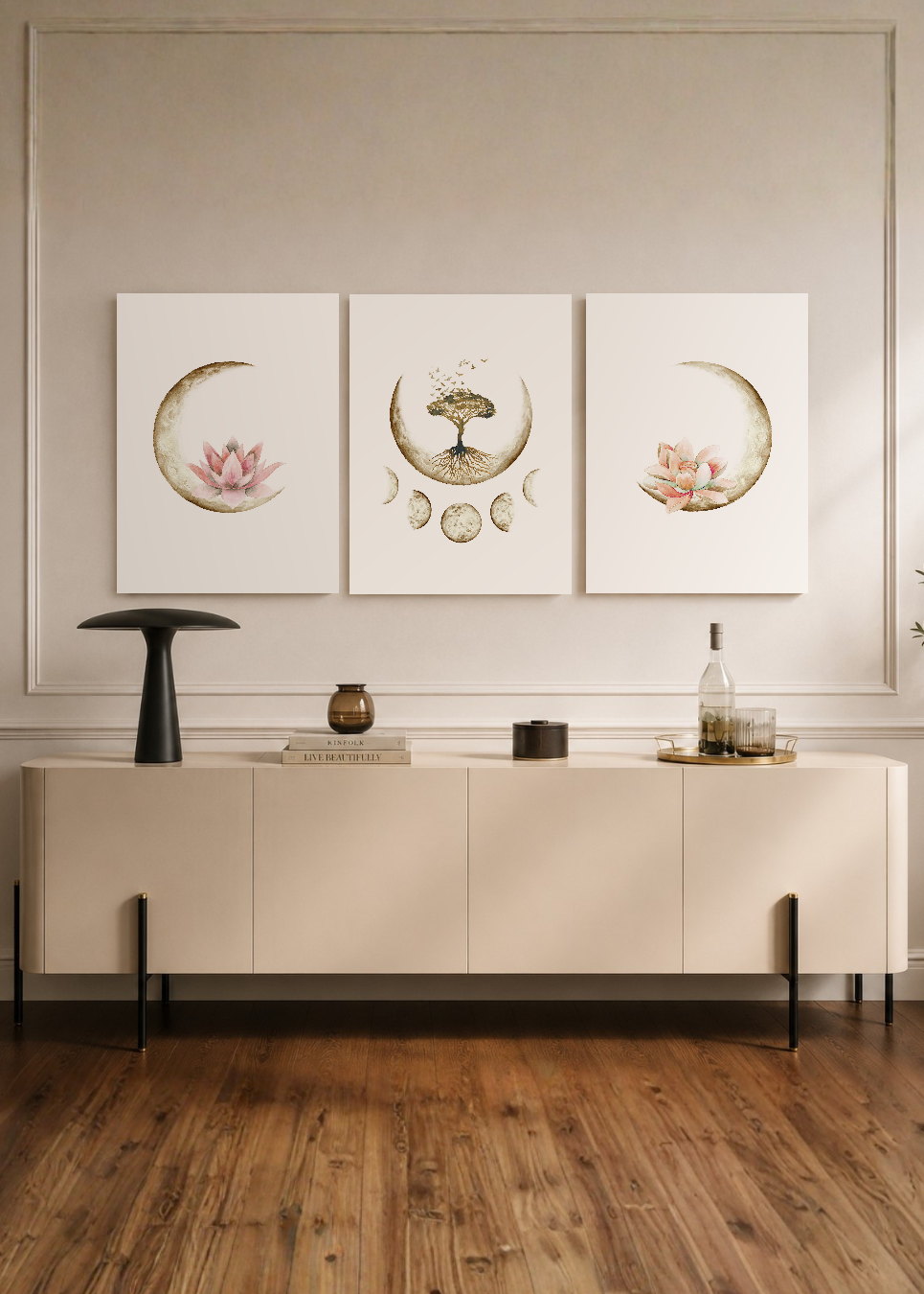 Set x3 Cuadros Decorativos Mural Sin Marco 5mm - Árbol De La Vida, Flor De Loto