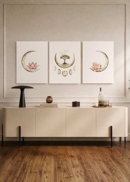Set x3 Cuadros Decorativos Mural Sin Marco 5mm - Árbol De La Vida, Flor De Loto