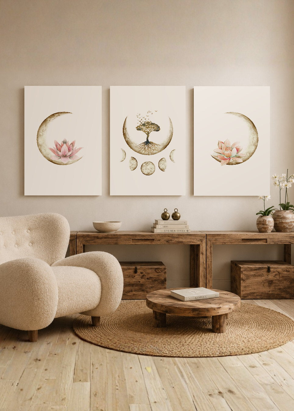 Set x3 Cuadros Decorativos Mural Sin Marco 5mm - Árbol De La Vida, Flor De Loto