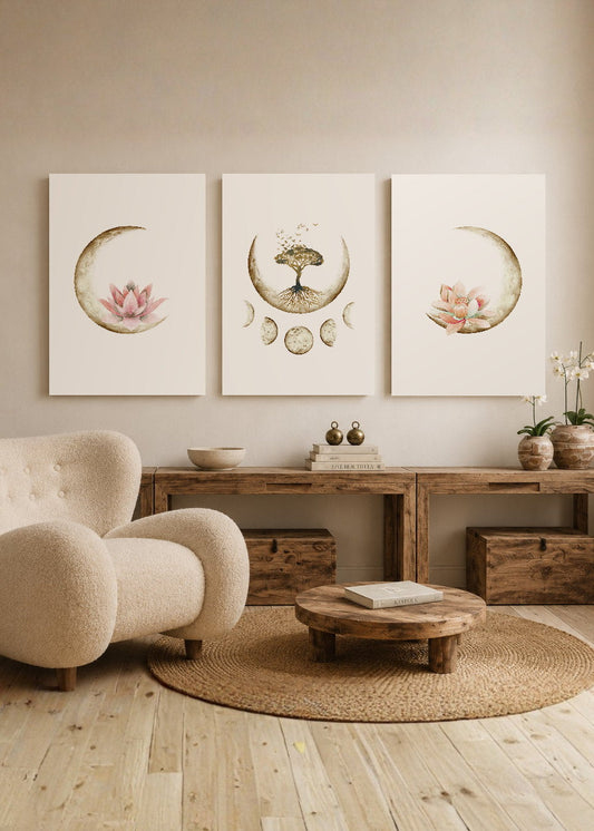 Set x3 Cuadros Decorativos Mural Sin Marco 5mm - Árbol De La Vida, Flor De Loto