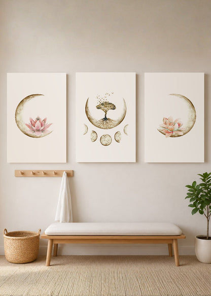 Set x3 Cuadros Decorativos Mural Sin Marco 5mm - Árbol De La Vida, Flor De Loto