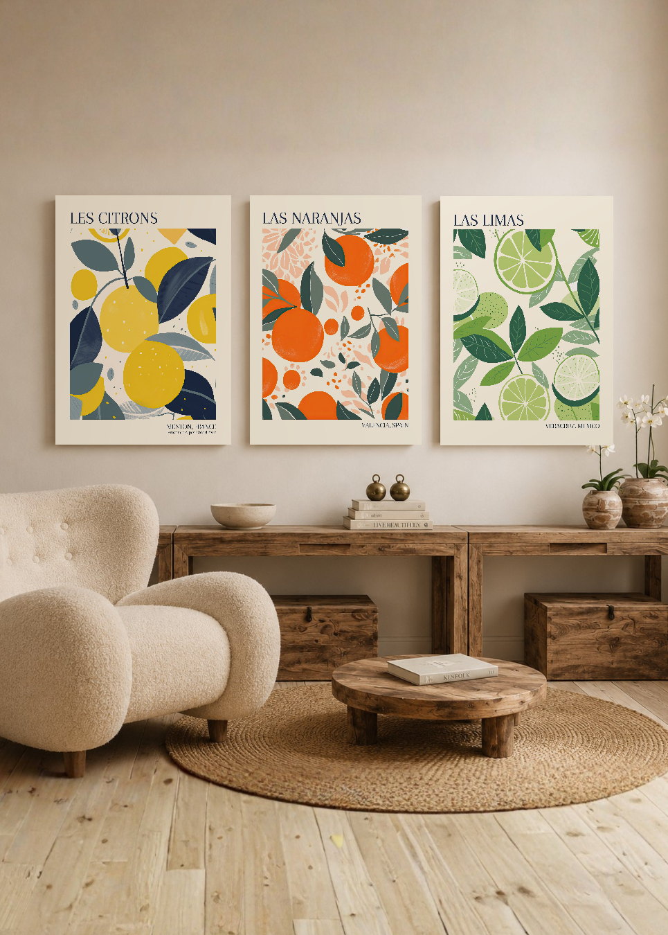 Set x3 Cuadros Decorativos Mural Sin Marco 5mm - Diseños Botánico Cítricos