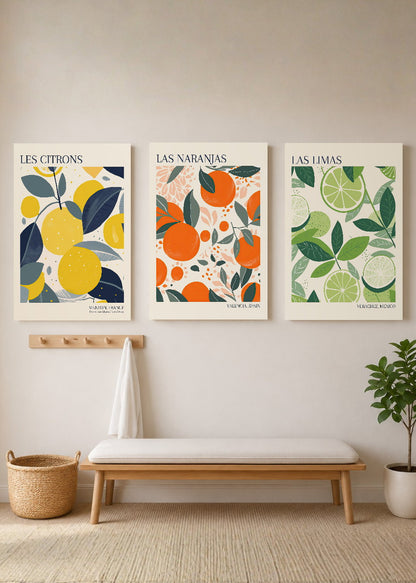 Set x3 Cuadros Decorativos Mural Sin Marco 5mm - Diseños Botánico Cítricos