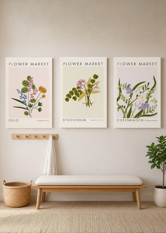 Set x3 Cuadros Decorativos Mural Sin Marco 5mm - Diseños Botánico Flor de Escandinavo