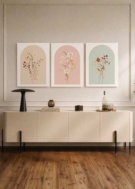 Set x3 Cuadros Decorativos Mural Sin Marco 5mm - Diseños Botánico Flores Acuarela
