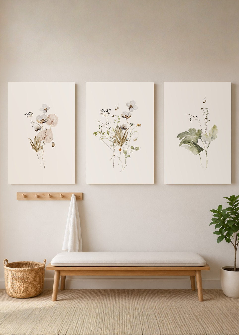 Set x3 Cuadros Decorativos Mural Sin Marco 5mm - Flores Acuarelas 30x40