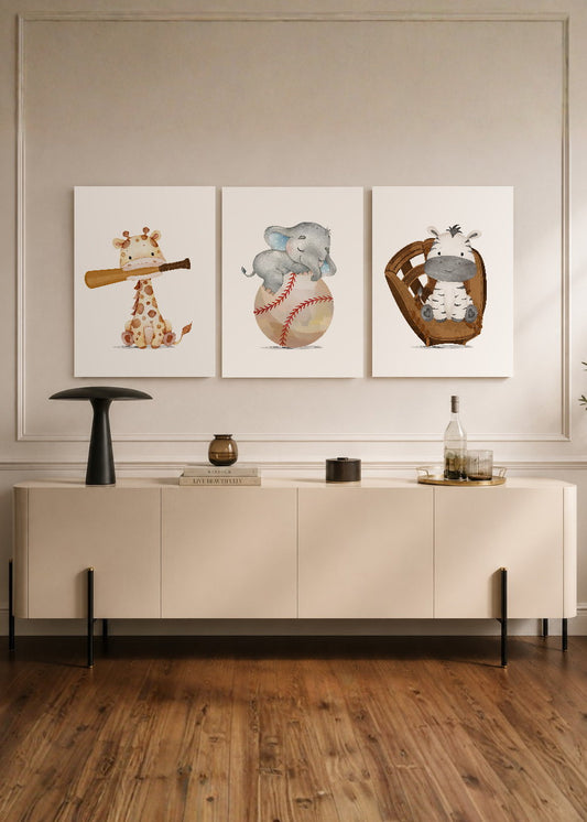 Set x3 Cuadros Decorativos Mural Sin Marco 5mm - Infantil, kids, animalitos, beisbol.