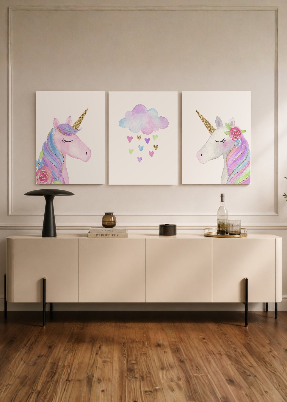 Set x3 Cuadros Decorativos Mural Sin Marco 5mm - infantiles UNICORNIOS