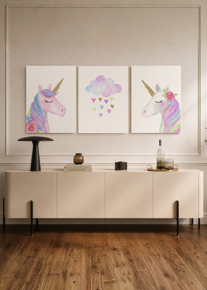 Set x3 Cuadros Decorativos Mural Sin Marco 5mm - infantiles UNICORNIOS
