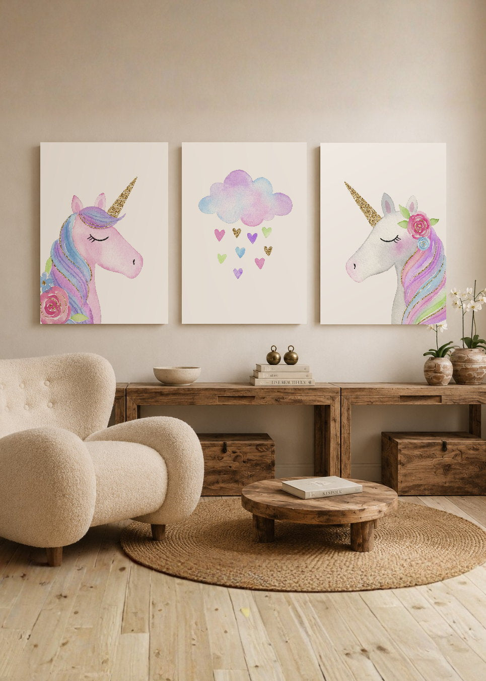 Set x3 Cuadros Decorativos Mural Sin Marco 5mm - infantiles UNICORNIOS