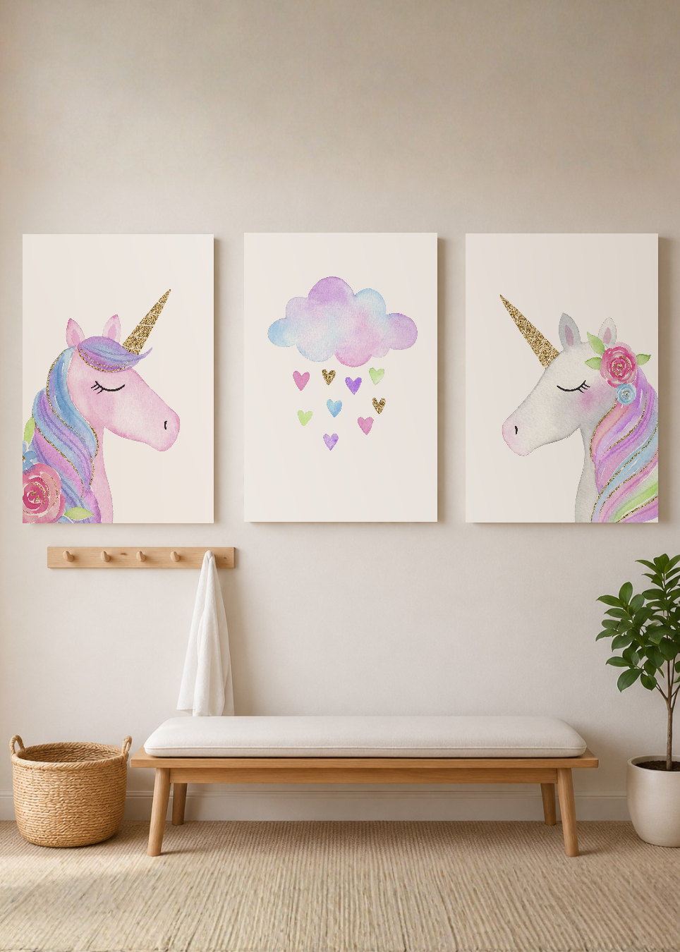 Set x3 Cuadros Decorativos Mural Sin Marco 5mm - infantiles UNICORNIOS