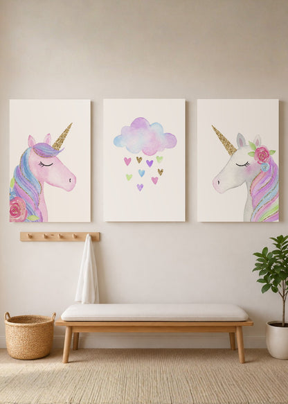 Set x3 Cuadros Decorativos Mural Sin Marco 5mm - infantiles UNICORNIOS