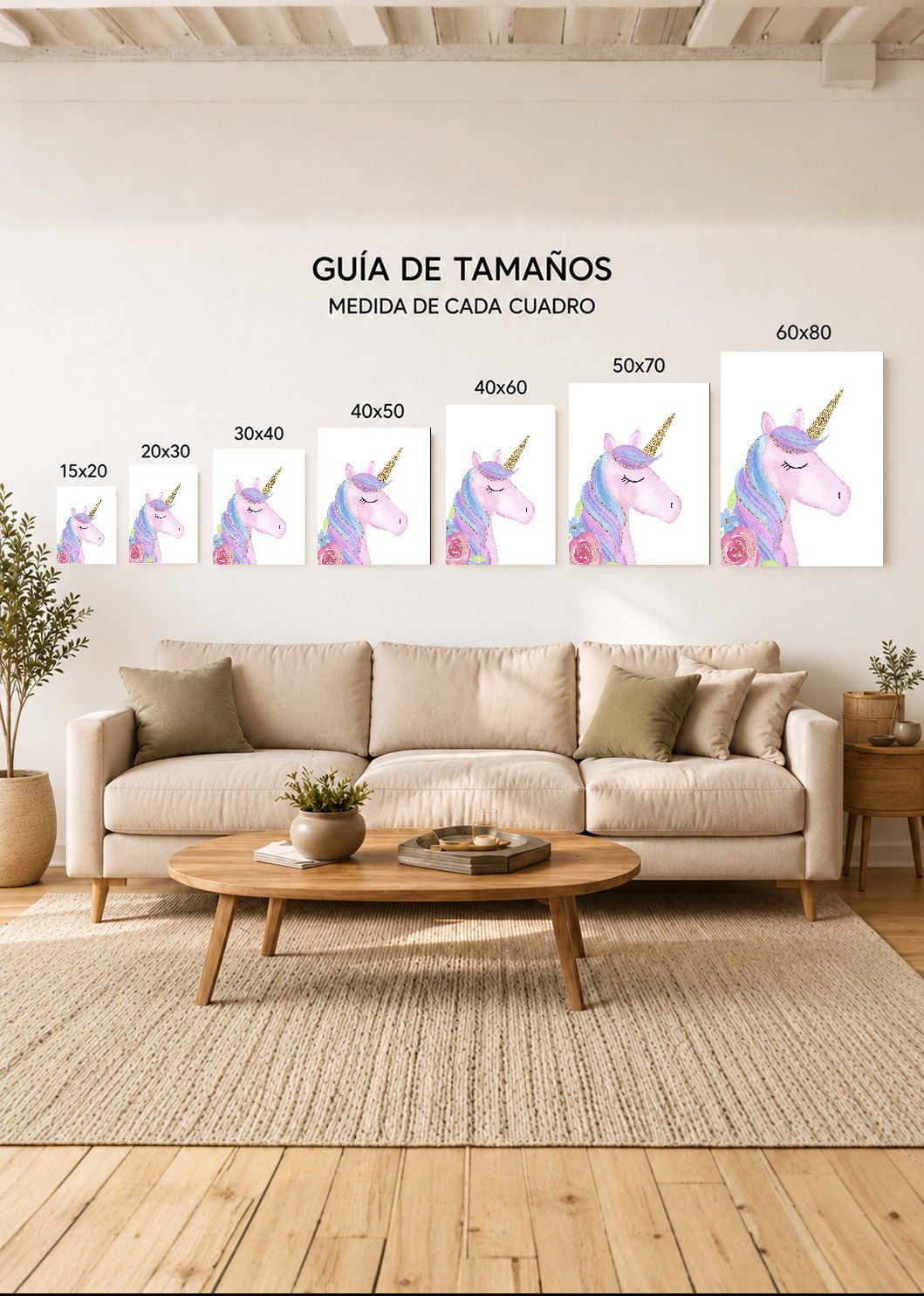 Set x3 Cuadros Decorativos Mural Sin Marco 5mm - infantiles UNICORNIOS