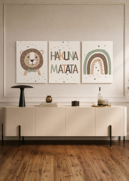 Set x3 Cuadros Decorativos Mural Sin Marco 5mm - kids, infantil, arcoiris, león, hakuna matata.