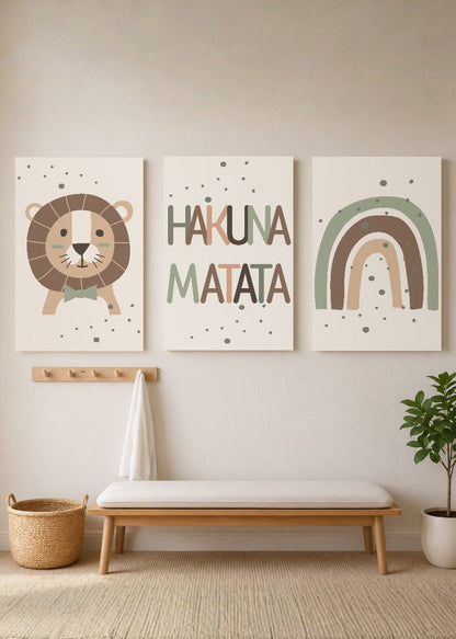 Set x3 Cuadros Decorativos Mural Sin Marco 5mm - kids, infantil, arcoiris, león, hakuna matata.