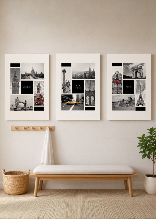 Set x3 Cuadros Decorativos Mural Sin Marco 5mm - Maps, New York , London y Paris