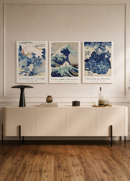 Set x3 Cuadros Decorativos Mural Sin Marco 5mm - The Great Wave off Kanagawa (La gran ola de Kanagawa) Azul