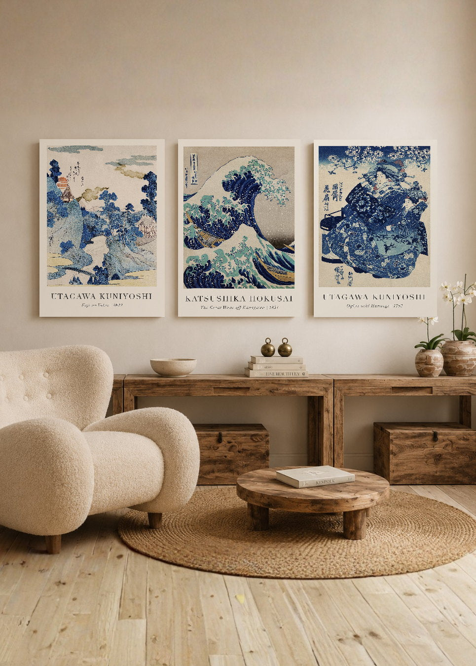 Set x3 Cuadros Decorativos Mural Sin Marco 5mm - The Great Wave off Kanagawa (La gran ola de Kanagawa) Azul