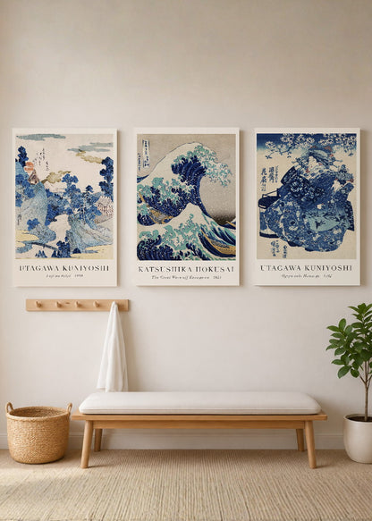 Set x3 Cuadros Decorativos Mural Sin Marco 5mm - The Great Wave off Kanagawa (La gran ola de Kanagawa) Azul