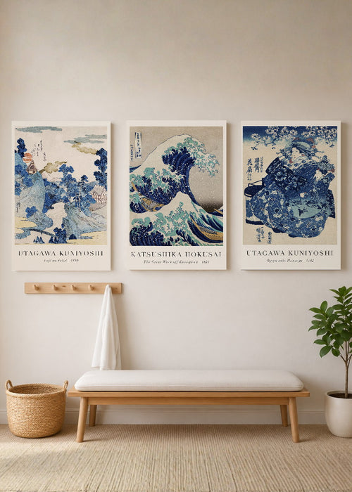 Set x3 Cuadros Decorativos Mural Sin Marco 5mm - The Great Wave off Kanagawa (La gran ola de Kanagawa) Azul
