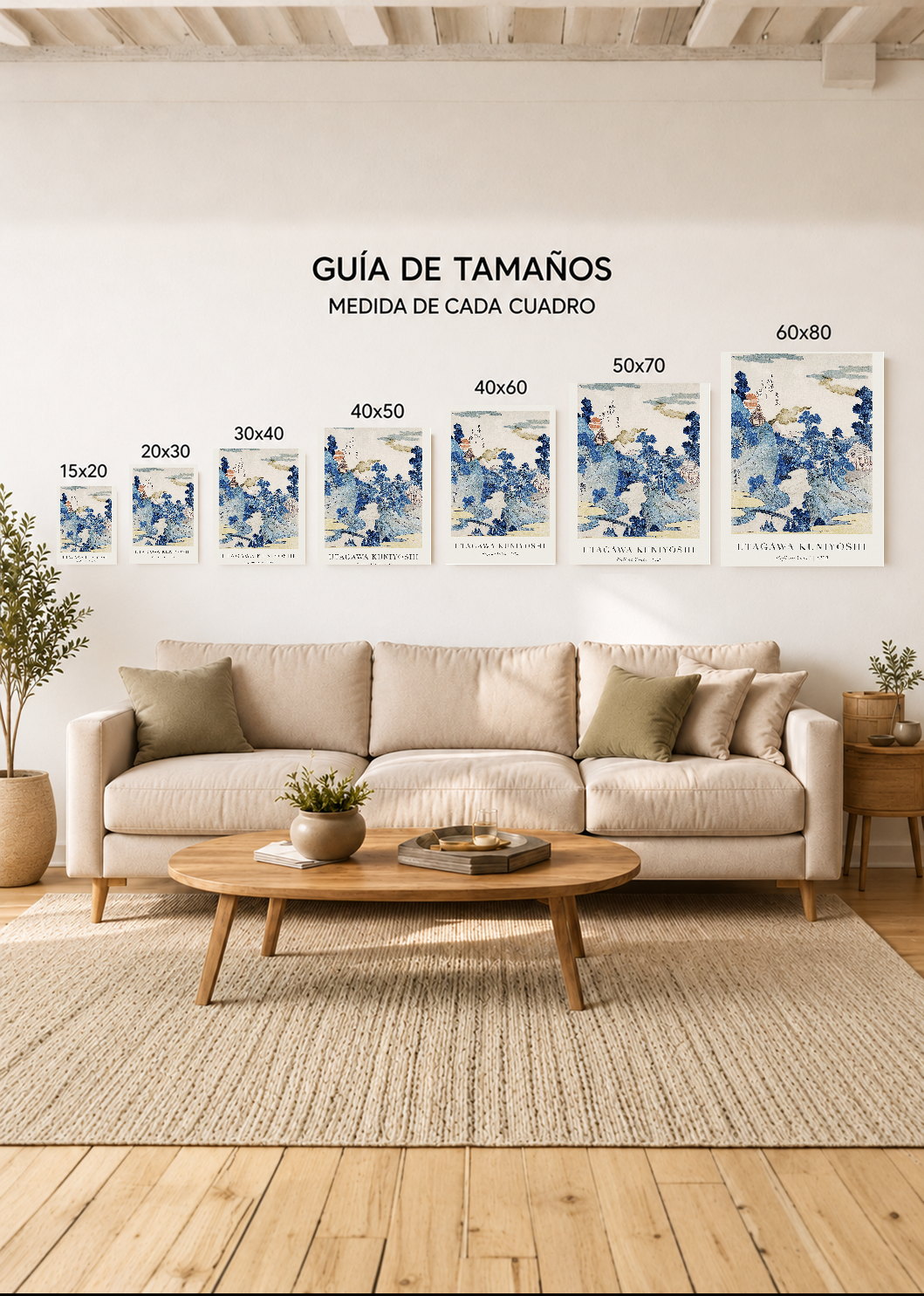 Set x3 Cuadros Decorativos Mural Sin Marco 5mm - The Great Wave off Kanagawa (La gran ola de Kanagawa) Azul