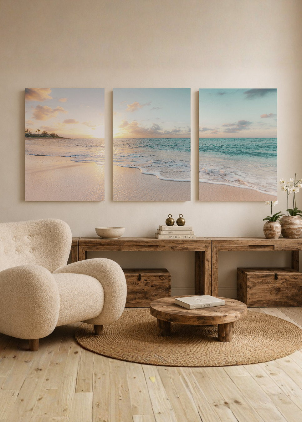 Set x3 Cuadros Decorativos Mural Sin Marco 5mm - Una Playa, Atardecer