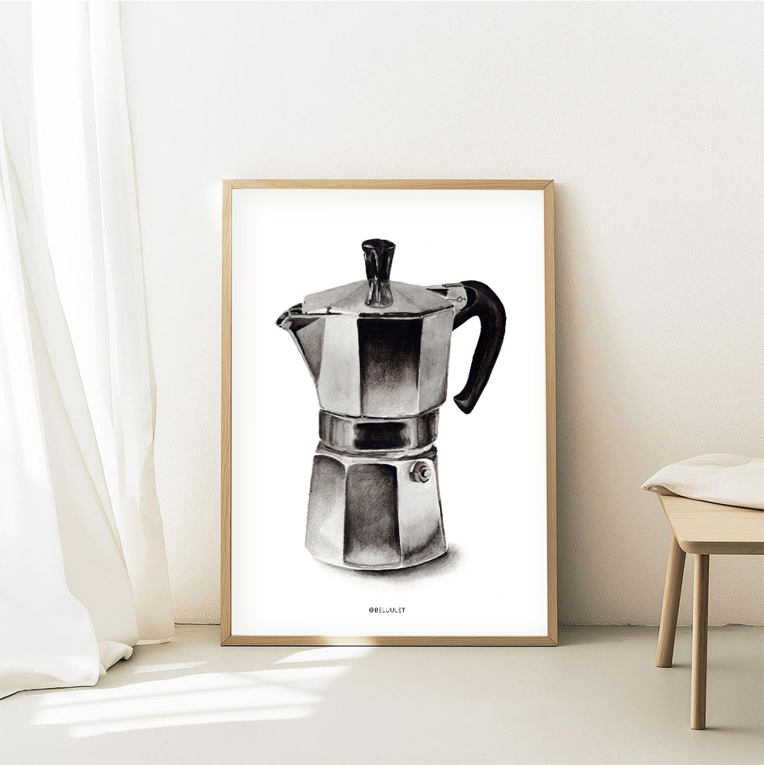 Cuadro Decorativo Cafetera Moka en Acuarelas Marco Natural