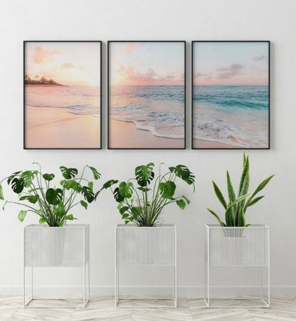 Set x3 Cuadros Decorativos, Una Playa, Atardecer
