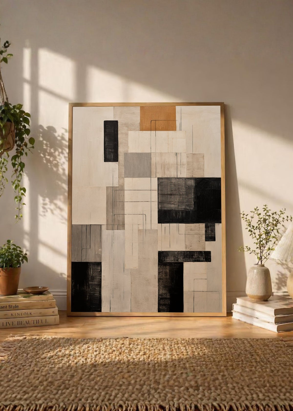 Cuadro Decorativo Abstracto, Bloques Grilla Beige Negro