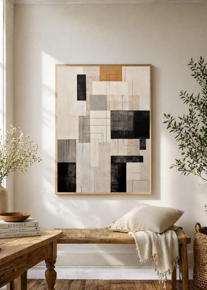 Cuadro Decorativo Abstracto, Bloques Grilla Beige Negro